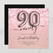 Rose Gold Ballon Glitzer 90. Geburtstag Einladung (Vorne/Hinten)