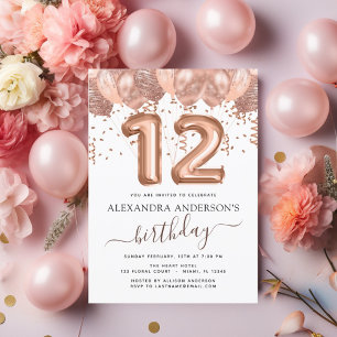Rose Gold Ballons 12. Geburtstagsparty Confetti Einladung