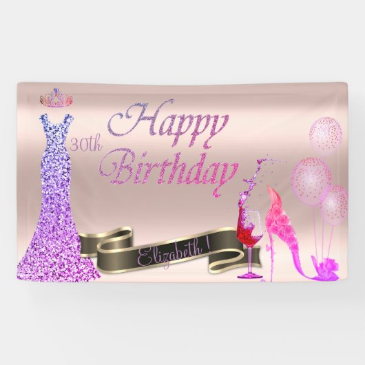 Rose Gold, Ballons, Glas, Hefe, Glitzer Kleid Banner (Horizontal)