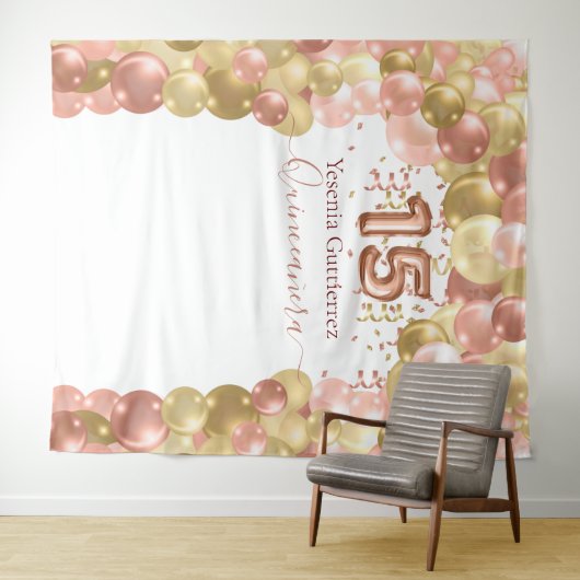 Rose Gold Balloon Arch Quinceanera Wandteppich (Beispiel (Horizontal))
