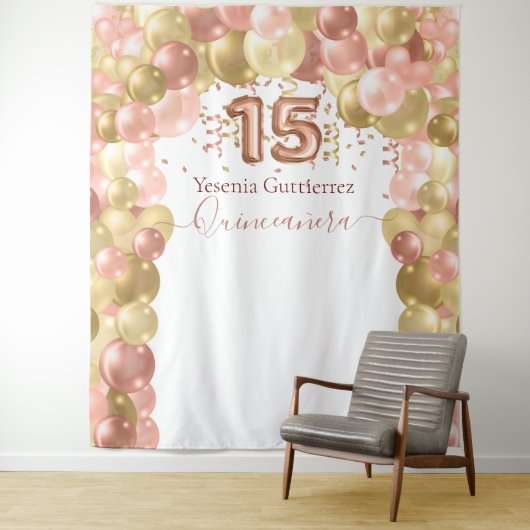 Rose Gold Balloon Arch Quinceanera Wandteppich (Beispiel)