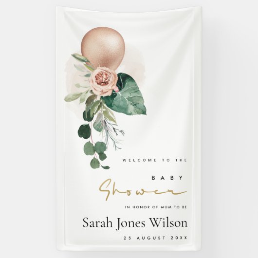 ROSE GOLD BALLOON PEACH FLORAL BUNCH BABY DUSCHE BANNER (Vertikal)