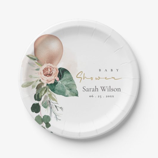 ROSE GOLD BALLOON PEACH FLORAL BUNCH BABY DUSCHE P PAPPTELLER (Vorderseite)