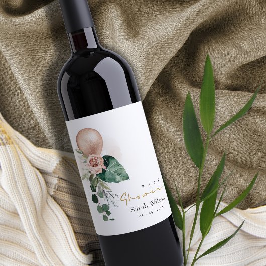 ROSE GOLD BALLOON PEACH FLORAL BUNCH BABY DUSCHE WEINETIKETT