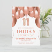 Rose Gold Balloons 11. Geburtstag Einladung (Stehend Vorderseite)