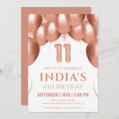 Rose Gold Balloons 11. Geburtstag Einladung (Vorne/Hinten)