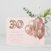 Rose Gold Balloons 30. Geburtstag Party Einladung (Stehend Vorderseite)