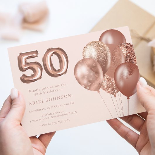 Rose Gold Balloons 50. Geburtstagsparty Einladung