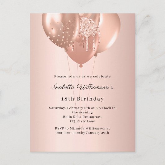 Rose gold balloons birthday einladungspostkarte (Vorderseite)