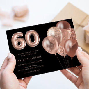 Rose Gold Balloons Black 60. Geburtstagsparty Einladung