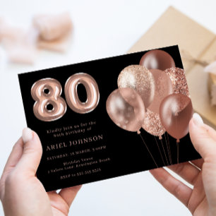 Rose Gold Balloons Black 80. Geburtstagsparty Einladung