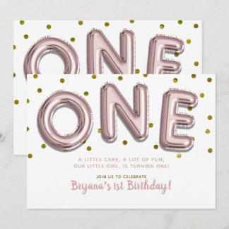 Rose Gold Balloons Confetti 1. Geburtstag Party Einladung