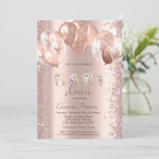 Rose Gold Balloons Glitzer Confetti Babydusche Einladung (Stehend Vorderseite)