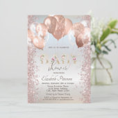 Rose Gold Balloons Glitzer Confetti Silver Einladung (Stehend Vorderseite)