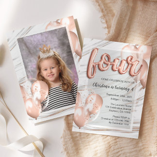 Rose Gold Balloons Marble Girls 4. Geburtstag Foto Einladung