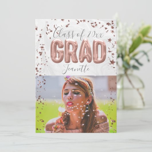 Rose Gold Balloons Pink Confetti Girls Abschluss Einladung (Stehend Vorderseite)