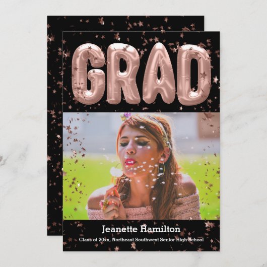 Rose Gold Balloons Pink Confetti Girls Abschluss Einladung (Vorne/Hinten)