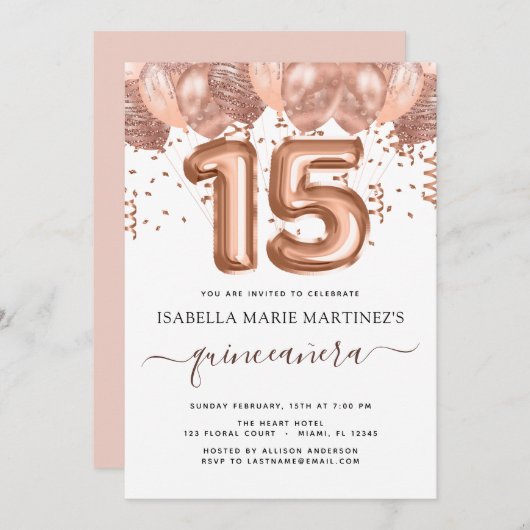 Rose Gold Balloons Quinceañera Feier Einladung (Vorne/Hinten)