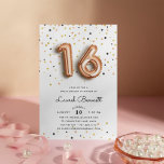 Rose Gold Balloons | Süße 16 Party Einladungen<br><div class="desc">Einzigartige und trendige 16 . Geburtstag Geburtstagsparty-Einladungen bieten "16" in Rose Goldballons auf einem Hintergrund von Rose Gold,  Gold und schwarzen Konfetti. Personalisieren Sie mit Ihren Party-Details in modernen schwarzen Schriften. Die Einladungen kehren zu massivem Rosa um.</div>