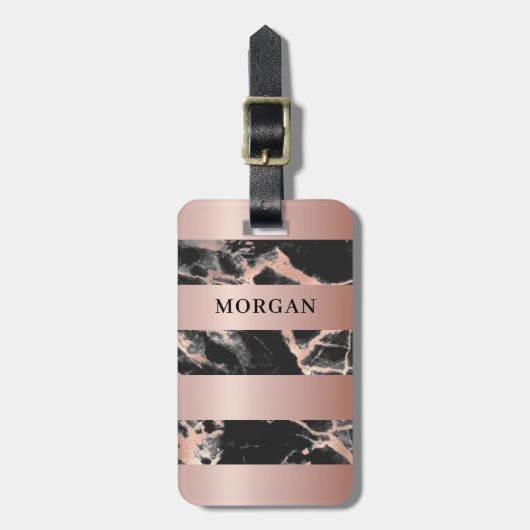 Rose Gold Bands, Black & Rose Gold Marmor, Name Gepäckanhänger (Vorderseite vertikal)