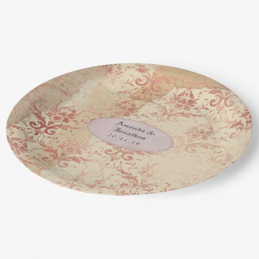 Rose Gold bedrückte Damaskesehnung Pappteller (Schrägansicht)