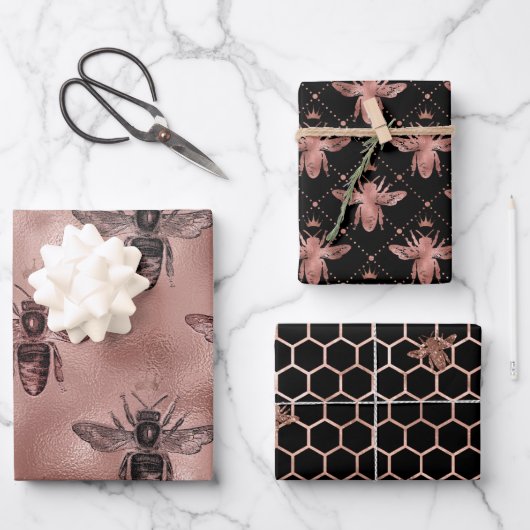 Rose Gold Bee Muster Geschenkpapier Set (Vorderseite)