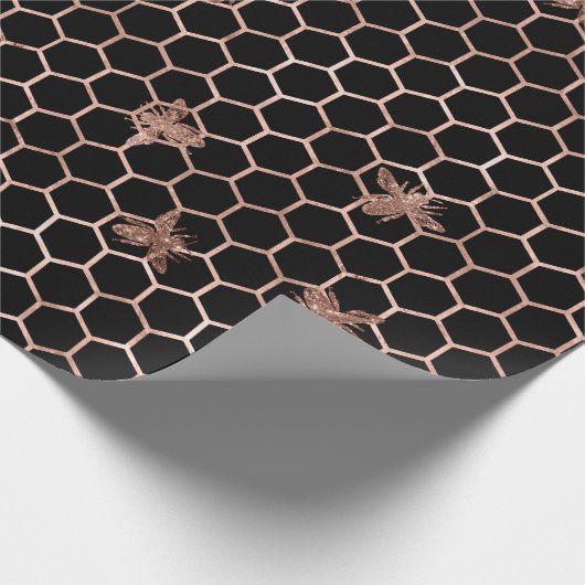 Rose Gold Bees und Honeycomb auf Black Geschenkpapier (Ecke)
