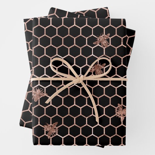 Rose Gold Bees und Honeycomb auf Black Geschenkpapier Set (Beispiel)