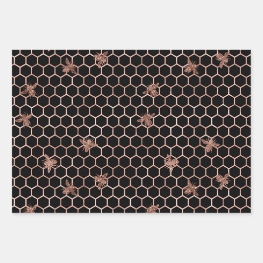 Rose Gold Bees und Honeycomb auf Black Geschenkpapier Set (Vorderseite)