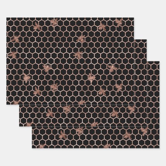 Rose Gold Bees und Honeycomb auf Black Geschenkpapier Set (Set)