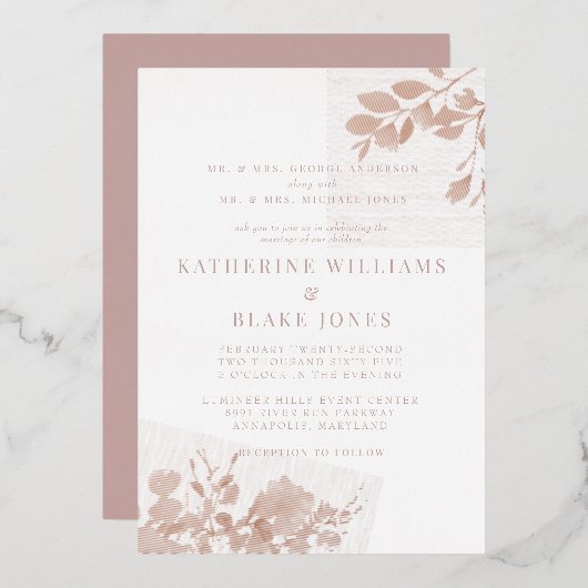 Rose Gold Beide Eltern Dusty Rose Hochzeit Folieneinladung (Vorderseite/Rückseite)