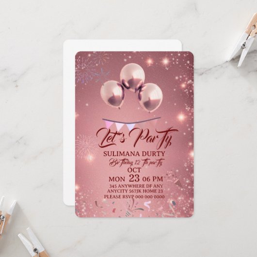 Rose Gold Birthday Invitation Template: Let's Part Einladung (Vorderseite/Rückseite Beispiel)