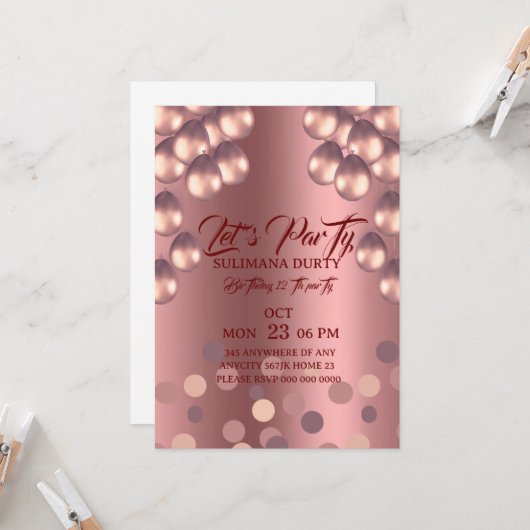 Rose Gold Birthday Invitation Template: Let's Part Einladung (Vorderseite/Rückseite Beispiel)