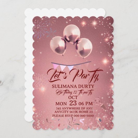 Rose Gold Birthday Invitation Template: Let's Part Save The Date (Vorne/Hinten)