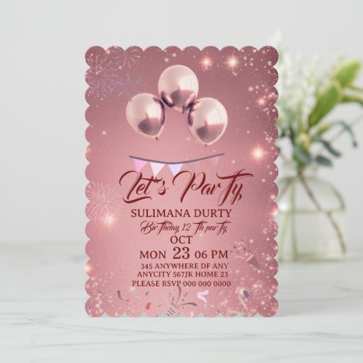 Rose Gold Birthday Invitation Template: Let's Part Save The Date (Stehend Vorderseite)