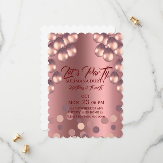 Rose Gold Birthday Invitation Template: Let's Part Save The Date (Vorderseite/Rückseite Beispiel)