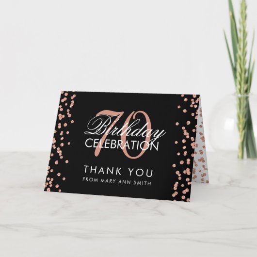 Rose Gold Black 70. Geburtstag Danke Confetti (Vorderseite)