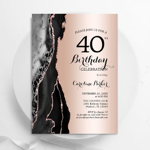 Rose Gold Black Agate 40. Geburtstag Einladung