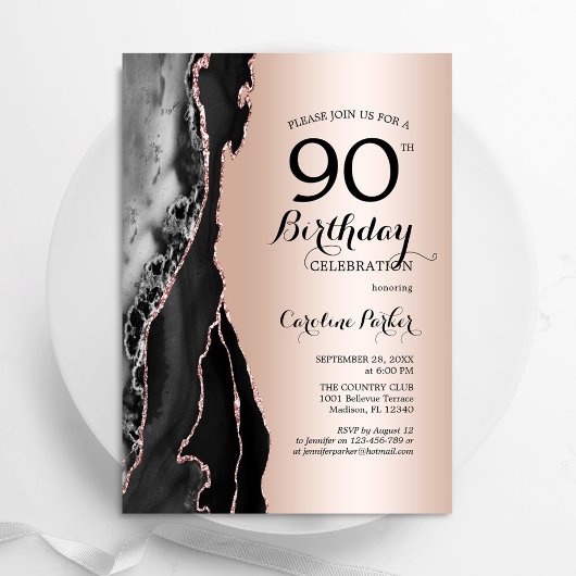 Rose Gold Black Agate 90. Geburtstag Einladung