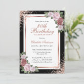 Rose Gold Black Blush Roses 80. Geburtstag Einladung (Stehend Vorderseite)