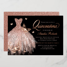 Rose Gold Black Butterfly Dress Quinceanera