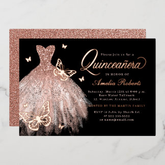 Rose Gold Black Butterfly Dress Quinceanera Folieneinladung