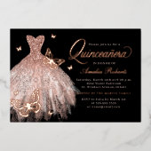Rose Gold Black Butterfly Dress Quinceanera Folieneinladung (Vorderseite)