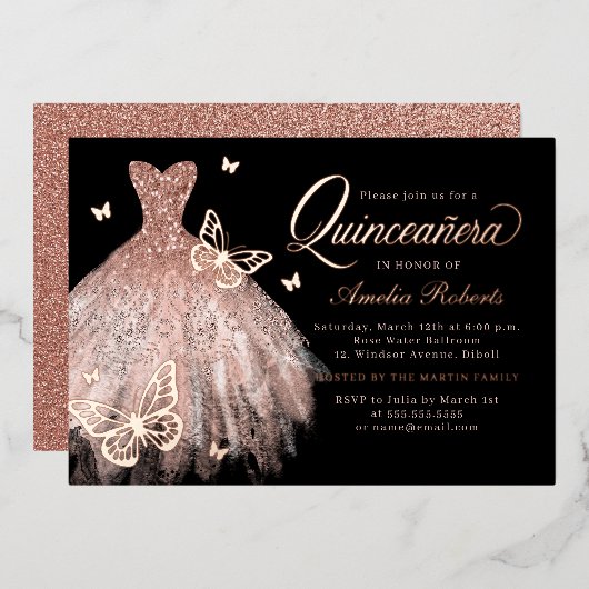 Rose Gold Black Butterfly Dress Quinceanera Folieneinladung (Vorderseite/Rückseite)