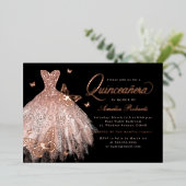 Rose Gold Black Butterfly Dress Quinceanera Folieneinladung (Stehend vorne)