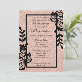 Rose Gold & Black Butterfly Quinceanera Einladung