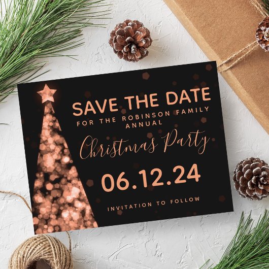 Rose Gold & Black Christmas Party Save the Date Ankündigungspostkarte