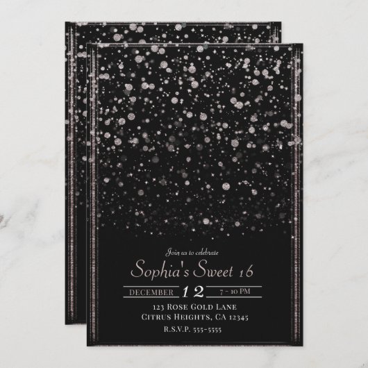 Rose Gold & Black Confetti Spritzer Sweet 16 Party Einladung (Vorne/Hinten)