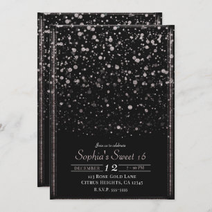 Rose Gold & Black Confetti Spritzer Sweet 16 Party Einladung