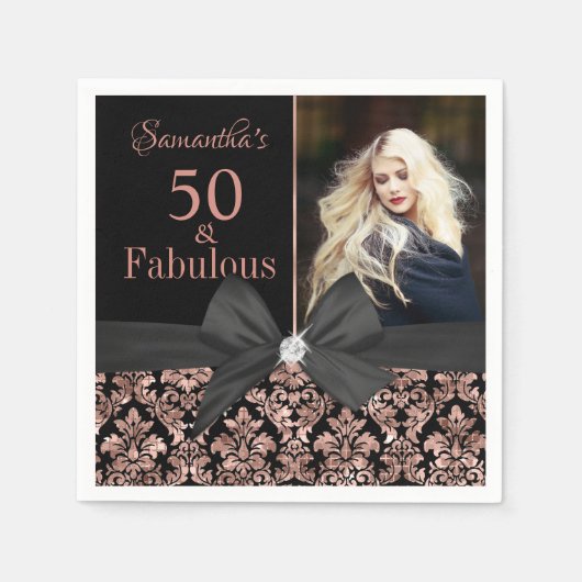 Rose Gold Black Damask 50. Geburtstag Foto Serviette (Vorderseite)